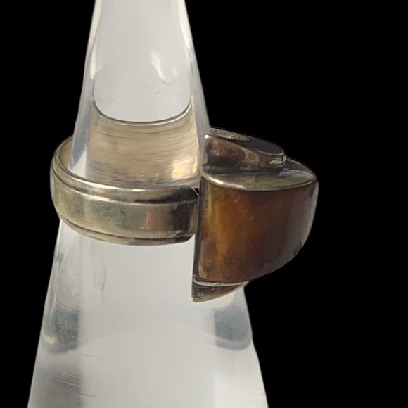 Vintage FCA Amber Inlay Taxco Mexico Sterling Silver Modernist Unique Men’s Ring - Picture 9 of 14